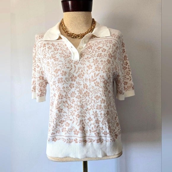 GEMMA + JANE Floral Jaquard Sweater Polo Top in White and Sand. Size Small - Picture 2 of 11